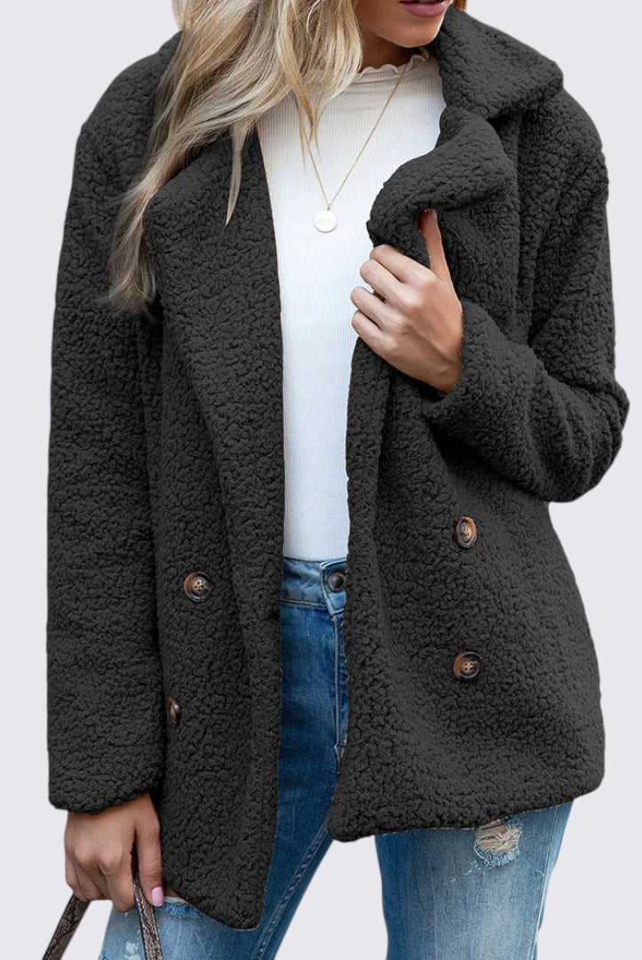 Damen Teddy Mantel mit Knopfleiste - Winter Mantel - Kuschelig