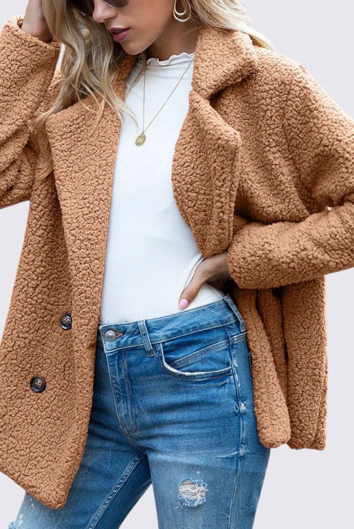 Damen Teddy Mantel mit Knopfleiste - Winter Mantel - Kuschelig