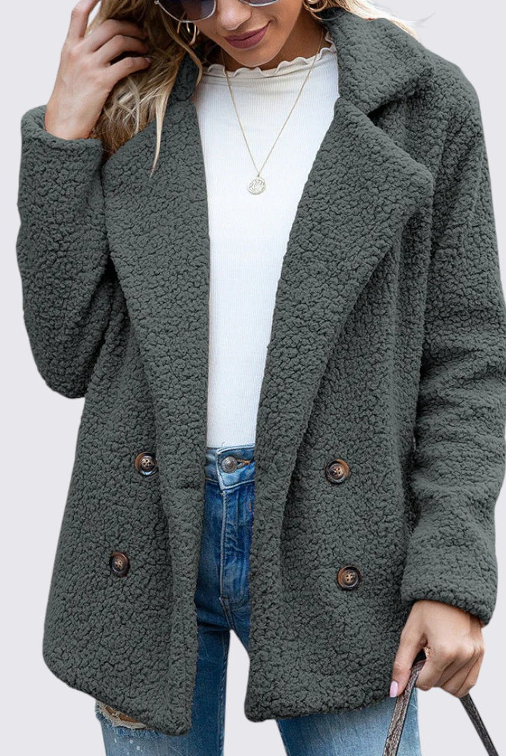Damen Teddy Mantel mit Knopfleiste - Winter Mantel - Kuschelig