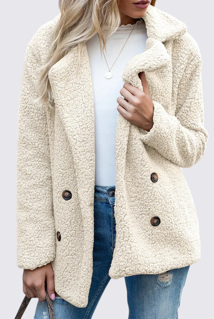 Damen Teddy Mantel mit Knopfleiste - Winter Mantel - Kuschelig