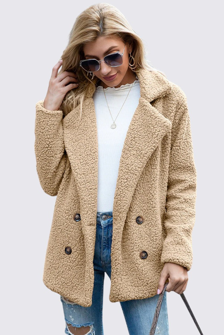 Damen Teddy Mantel mit Knopfleiste - Winter Mantel - Kuschelig