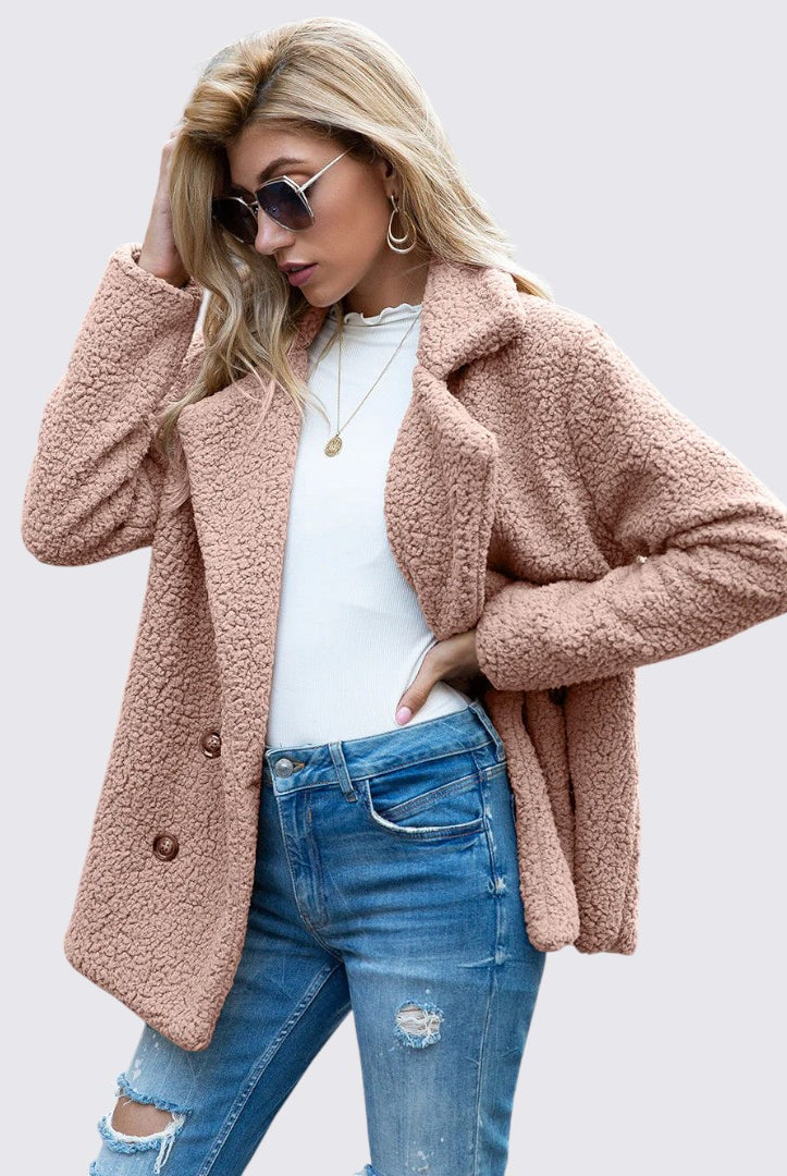 Damen Teddy Mantel mit Knopfleiste - Winter Mantel - Kuschelig