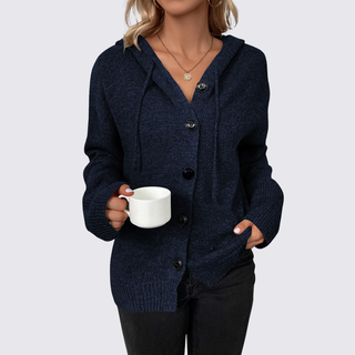 Lockere Strickjacke mit Kapuze und Knopfleiste für Damen