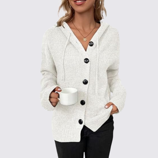 Lockere Strickjacke mit Kapuze und Knopfleiste für Damen