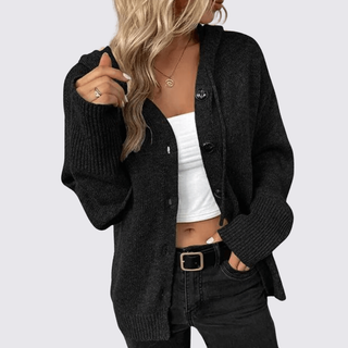 Lockere Strickjacke mit Kapuze und Knopfleiste für Damen