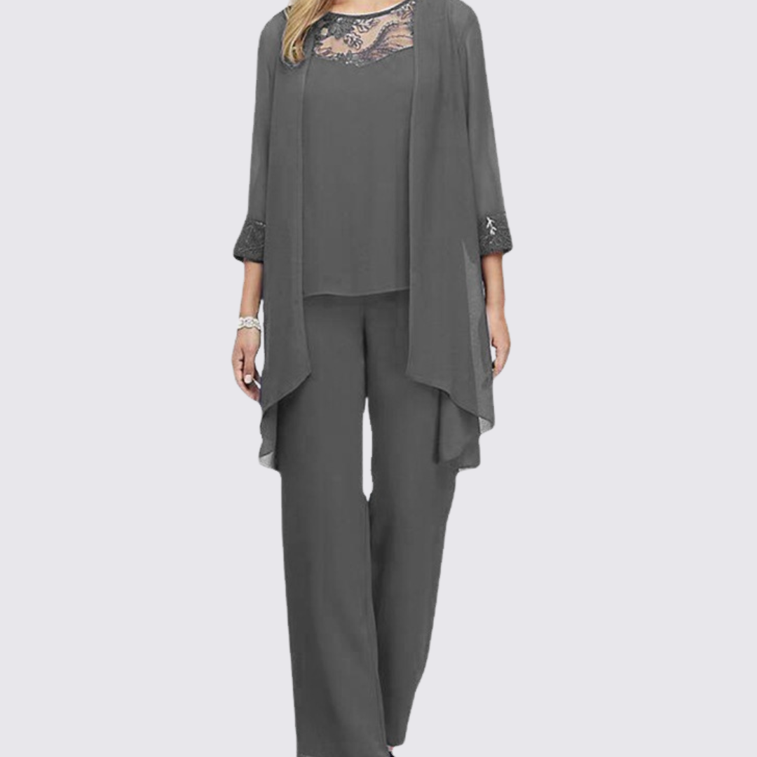 Damen Dreiteiler Set mit Jacke und Hose – Klassisches Set – Eleganter Schnitt