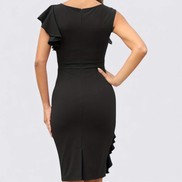 Damen Etui Kleid mit Rüschen – Tailliert Geschnitten – Kurzarm Elegantes Kleid