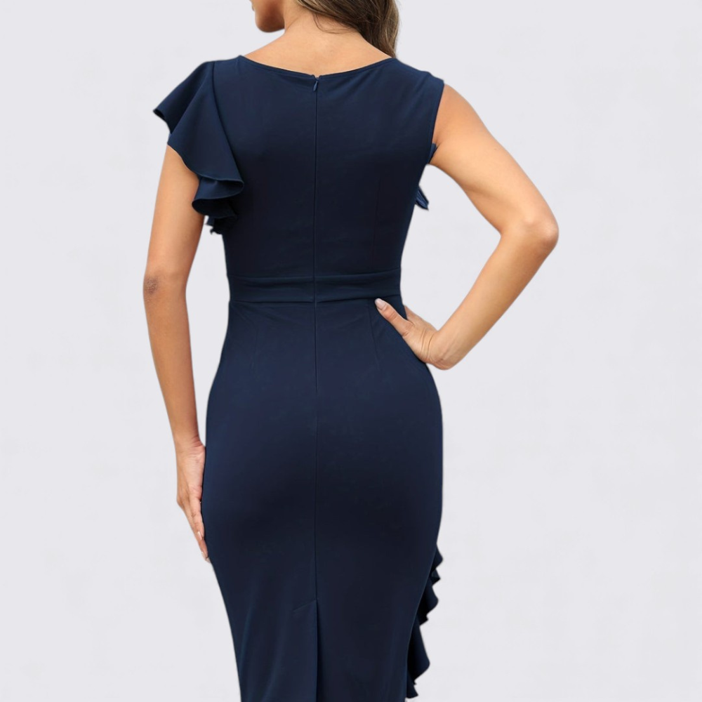 Damen Etui Kleid mit Rüschen – Tailliert Geschnitten – Kurzarm Elegantes Kleid