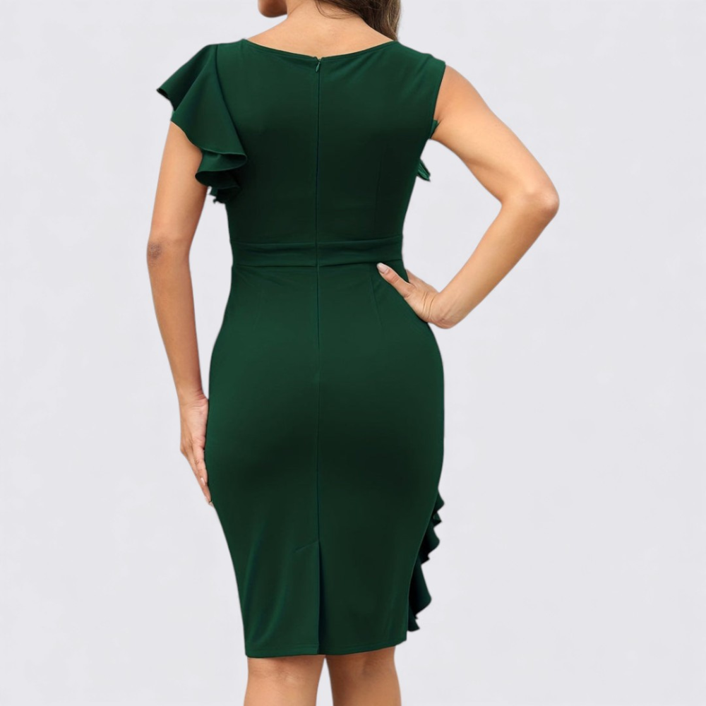 Damen Etui Kleid mit Rüschen – Tailliert Geschnitten – Kurzarm Elegantes Kleid