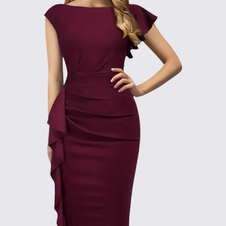 Damen Etui Kleid mit Rüschen – Tailliert Geschnitten – Kurzarm Elegantes Kleid