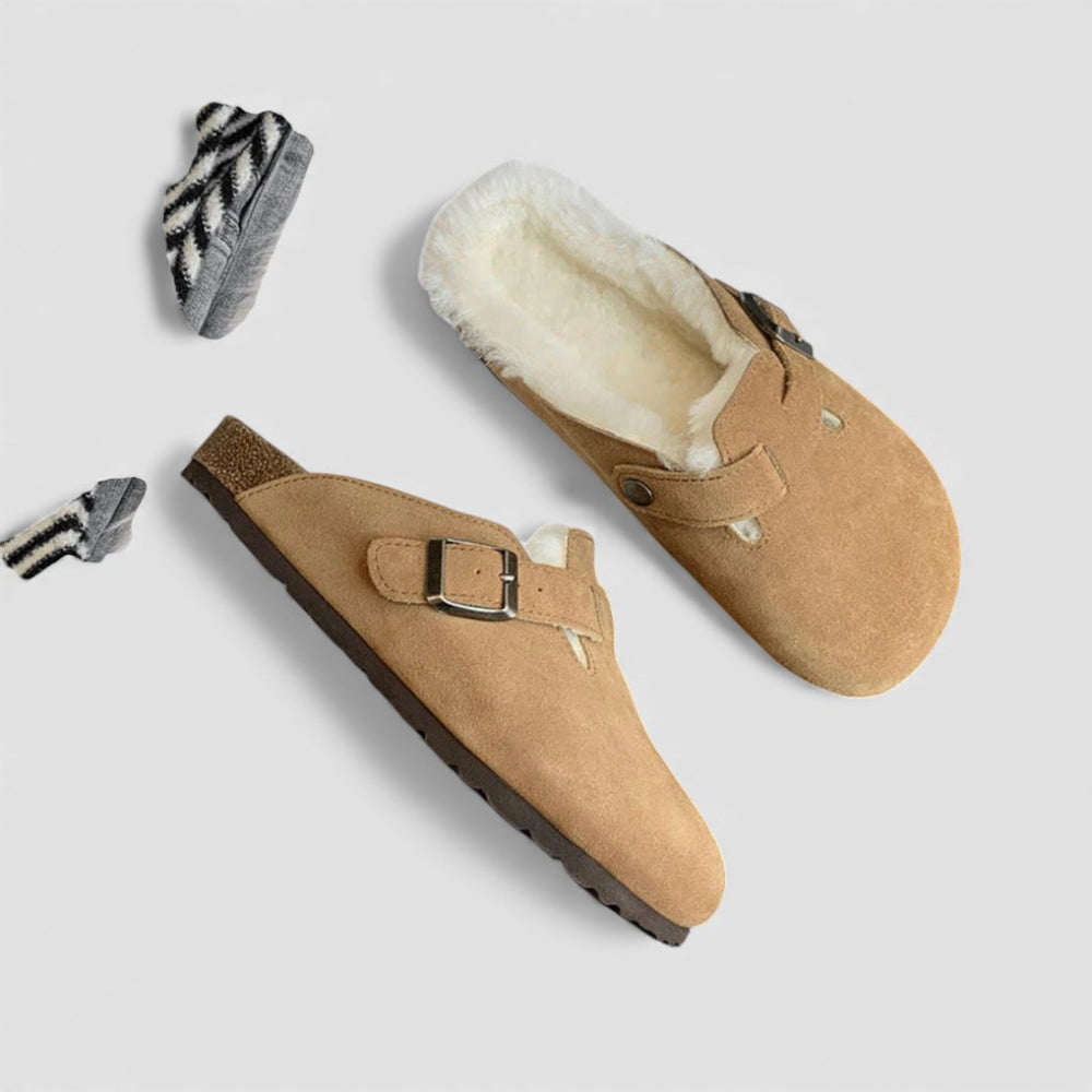 Damen Hausschuhe mit Fellfutter – Pantoffeln mit Schnalle – Bequeme