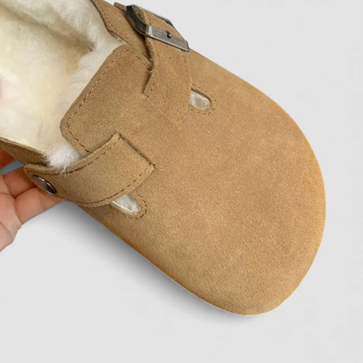 Damen Hausschuhe mit Fellfutter – Pantoffeln mit Schnalle – Bequeme