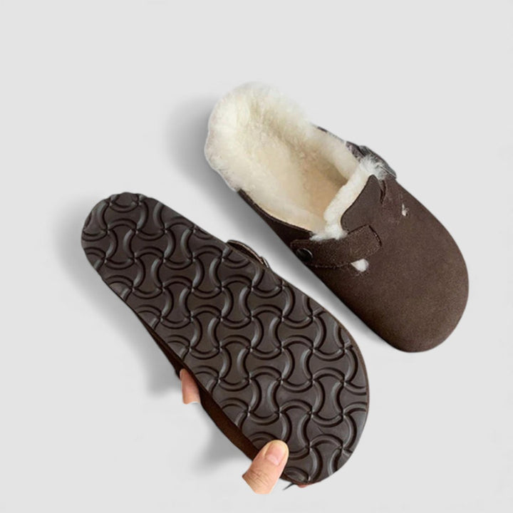 Damen Hausschuhe mit Fellfutter – Pantoffeln mit Schnalle – Bequeme