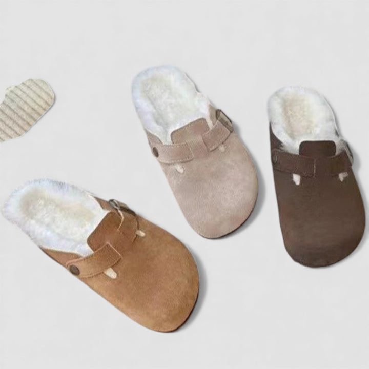 Damen Hausschuhe mit Fellfutter – Pantoffeln mit Schnalle – Bequeme