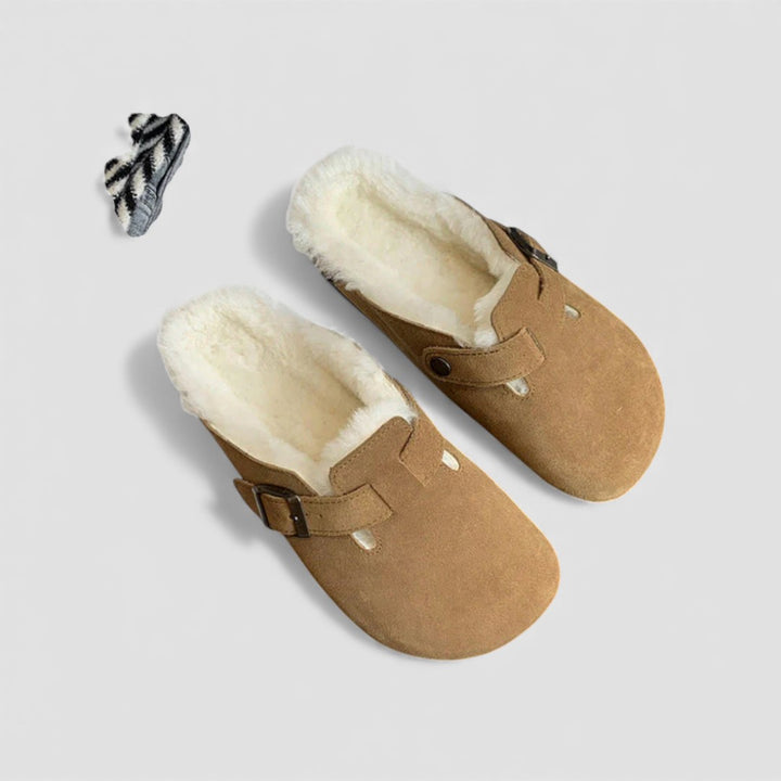 Damen Hausschuhe mit Fellfutter – Pantoffeln mit Schnalle – Bequeme