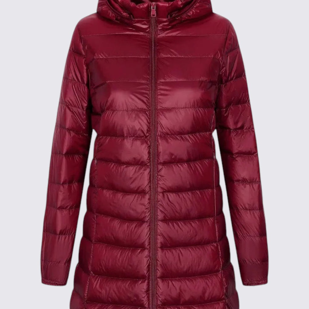 Damen Jacke mit Kapuze – Gesteppte Jacke – Langer Schnitt