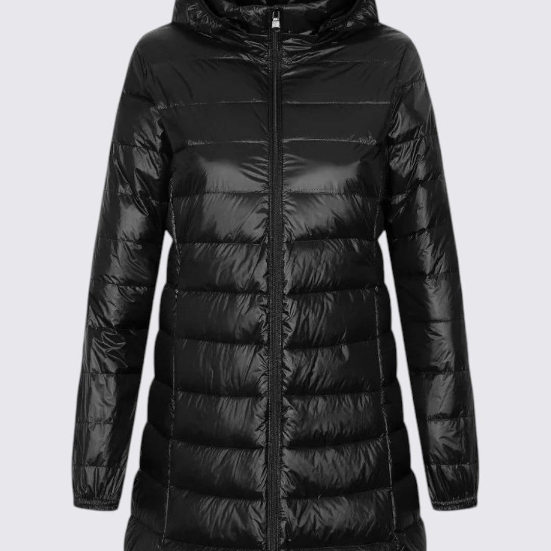 Damen Jacke mit Kapuze – Gesteppte Jacke – Langer Schnitt