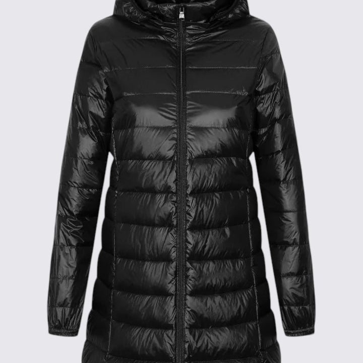 Damen Jacke mit Kapuze – Gesteppte Jacke – Langer Schnitt