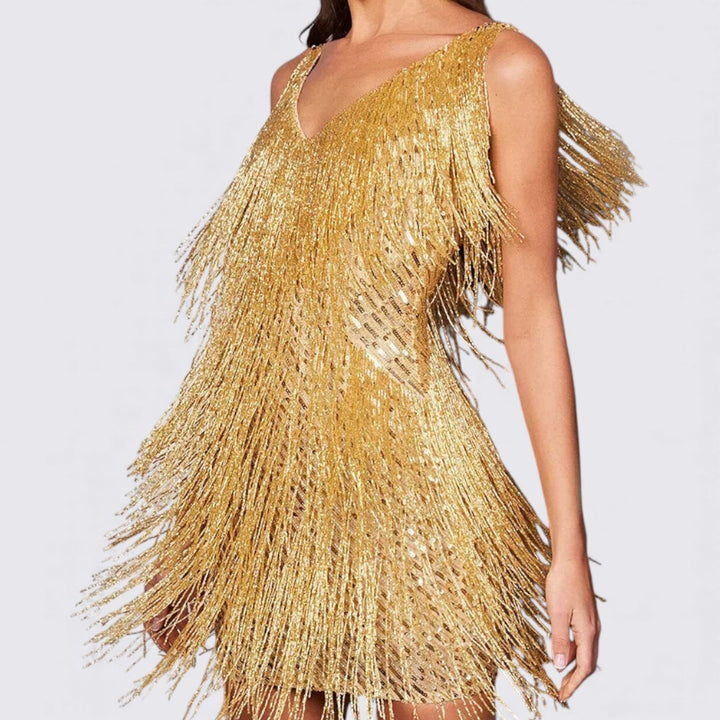Damen Kleid mit Fransen – V-Ausschnitt Kleid – Ärmellos