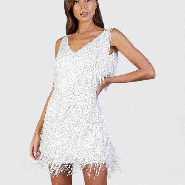 Damen Kleid mit Fransen – V-Ausschnitt Kleid – Ärmellos