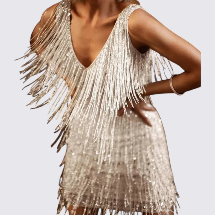 Damen Kleid mit Fransen – V-Ausschnitt Kleid – Ärmellos