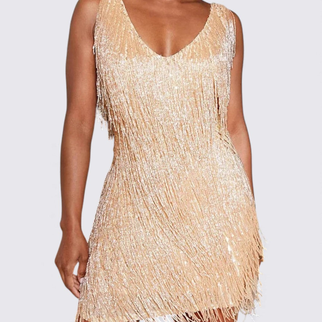 Damen Kleid mit Fransen – V-Ausschnitt Kleid – Ärmellos