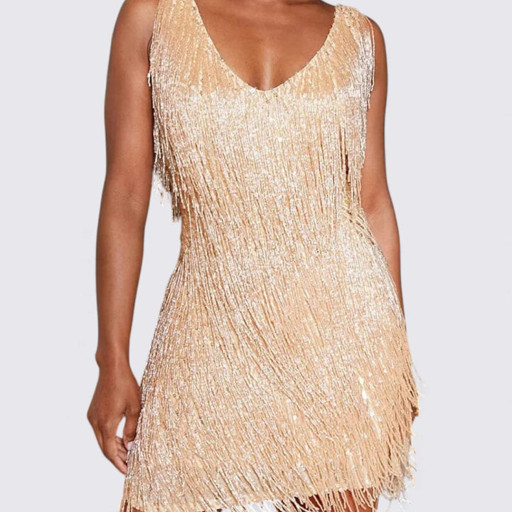 Damen Kleid mit Fransen – V-Ausschnitt Kleid – Ärmellos