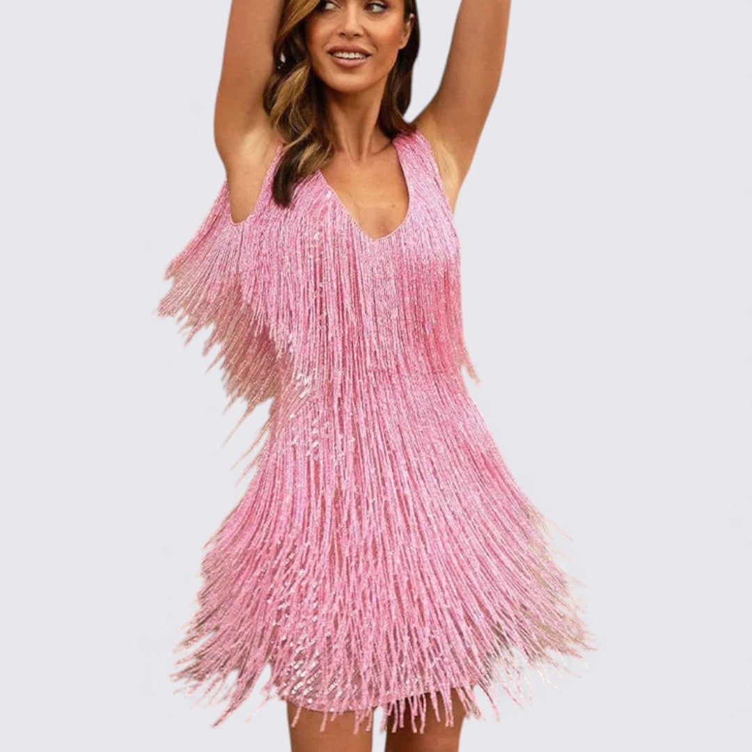 Damen Kleid mit Fransen – V-Ausschnitt Kleid – Ärmellos