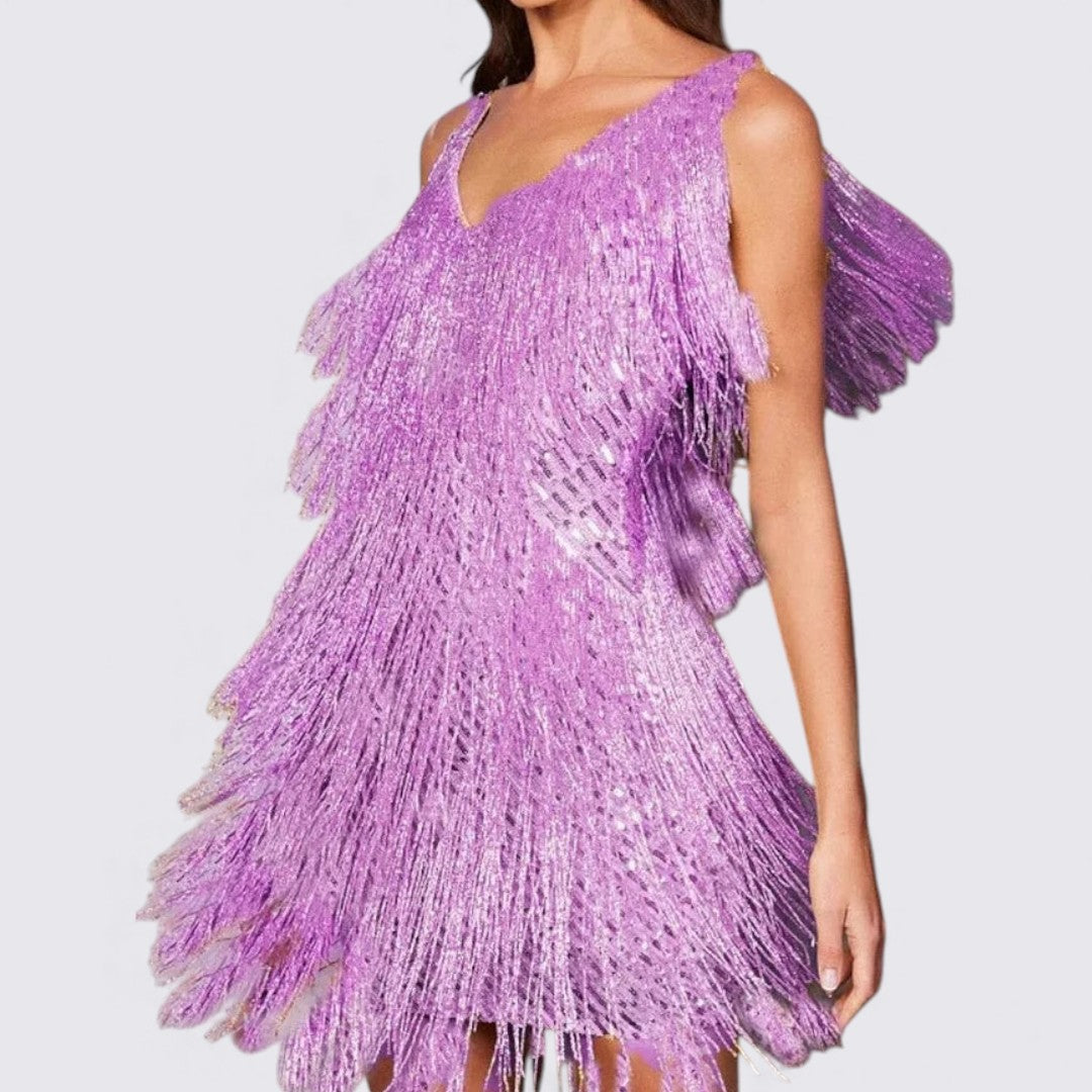 Damen Kleid mit Fransen – V-Ausschnitt Kleid – Ärmellos