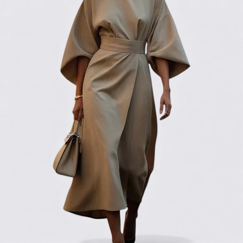 Damen Kleid mit Gürtel – Rundhals Kleid – Weiter Schnitt