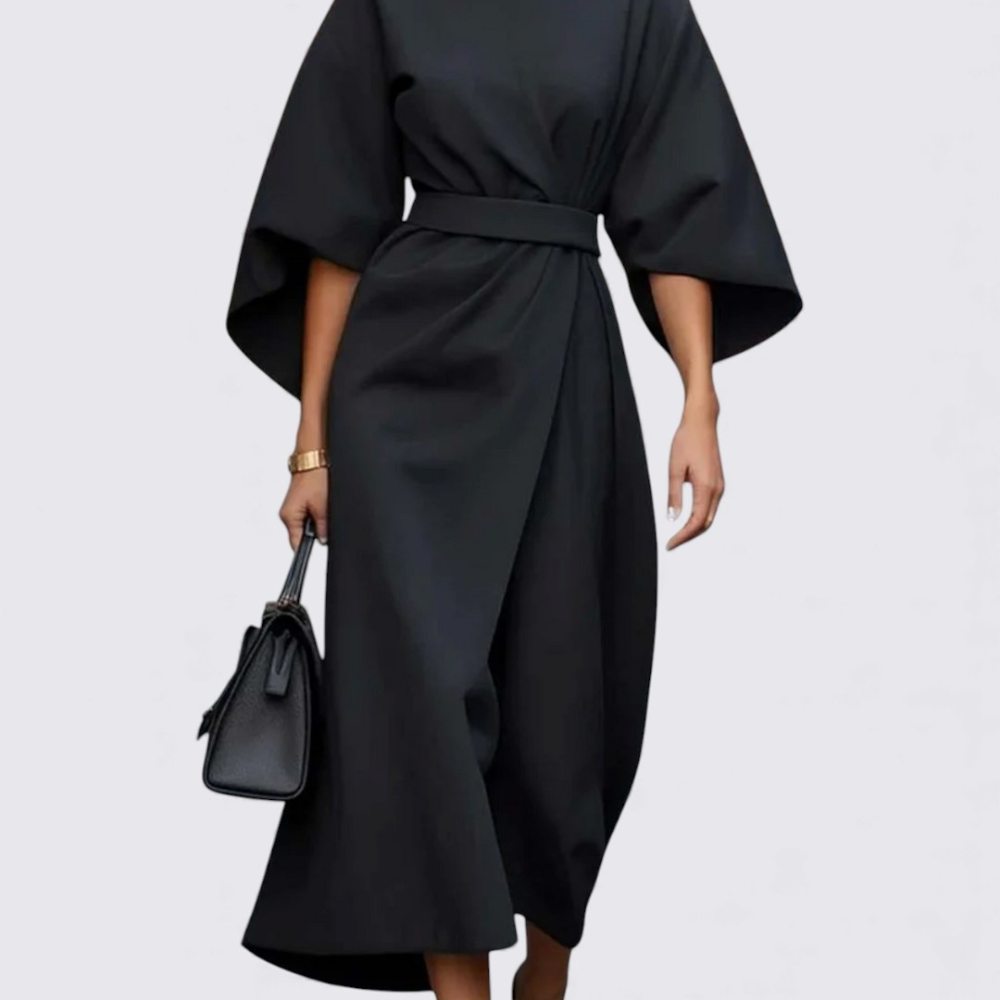 Damen Kleid mit Gürtel – Rundhals Kleid – Weiter Schnitt