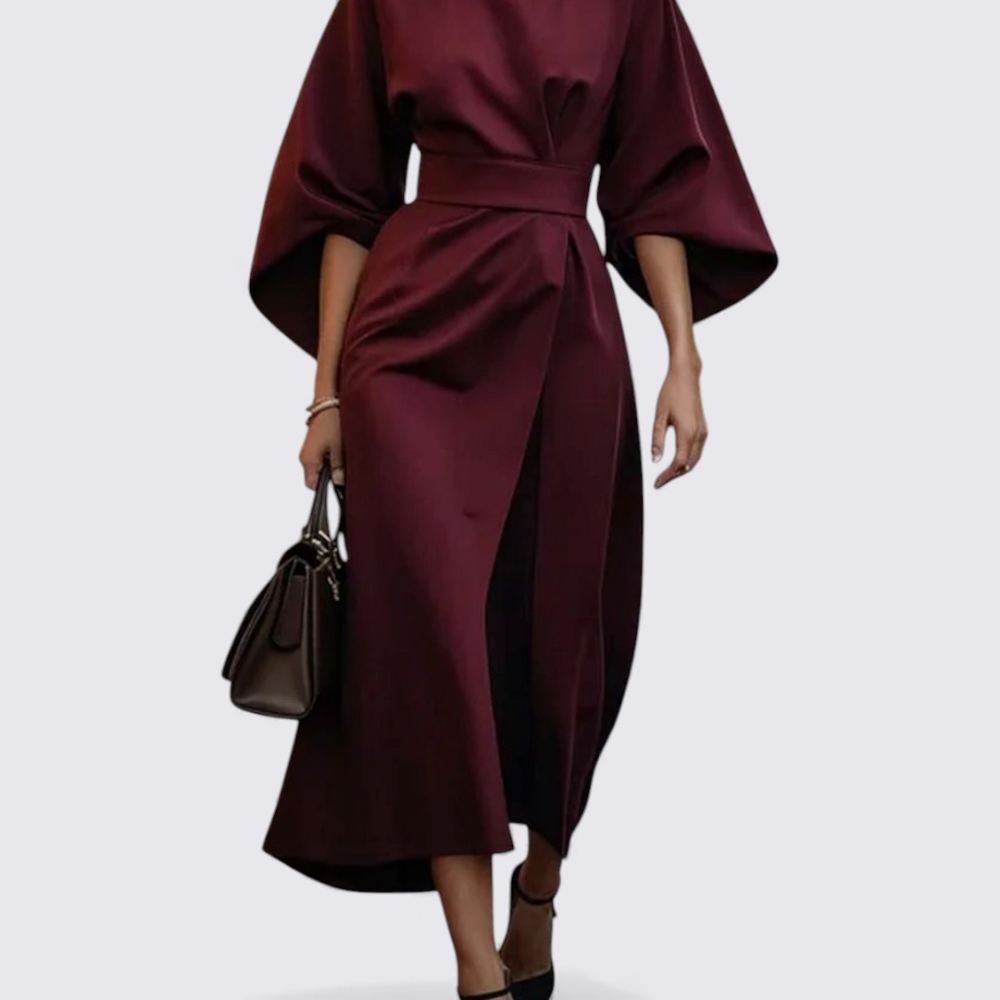 Damen Kleid mit Gürtel – Rundhals Kleid – Weiter Schnitt