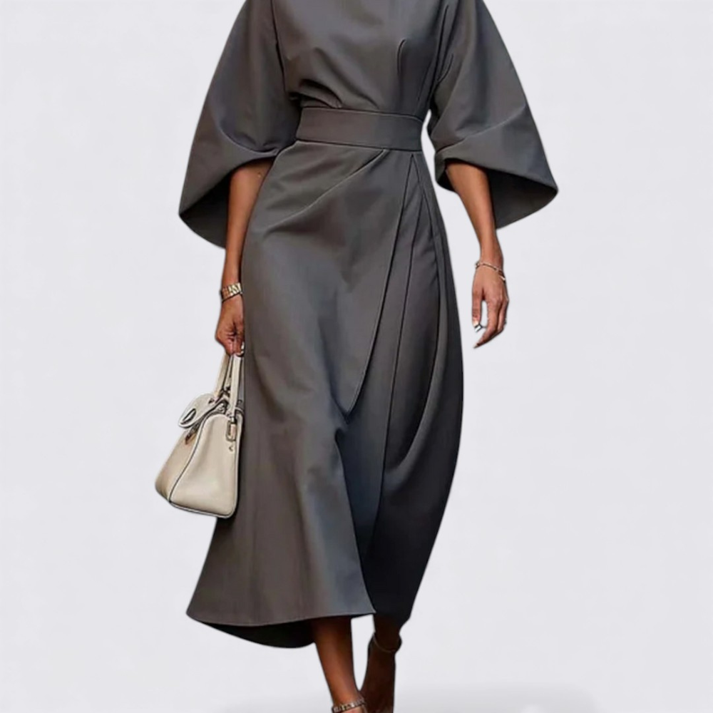 Damen Kleid mit Gürtel – Rundhals Kleid – Weiter Schnitt