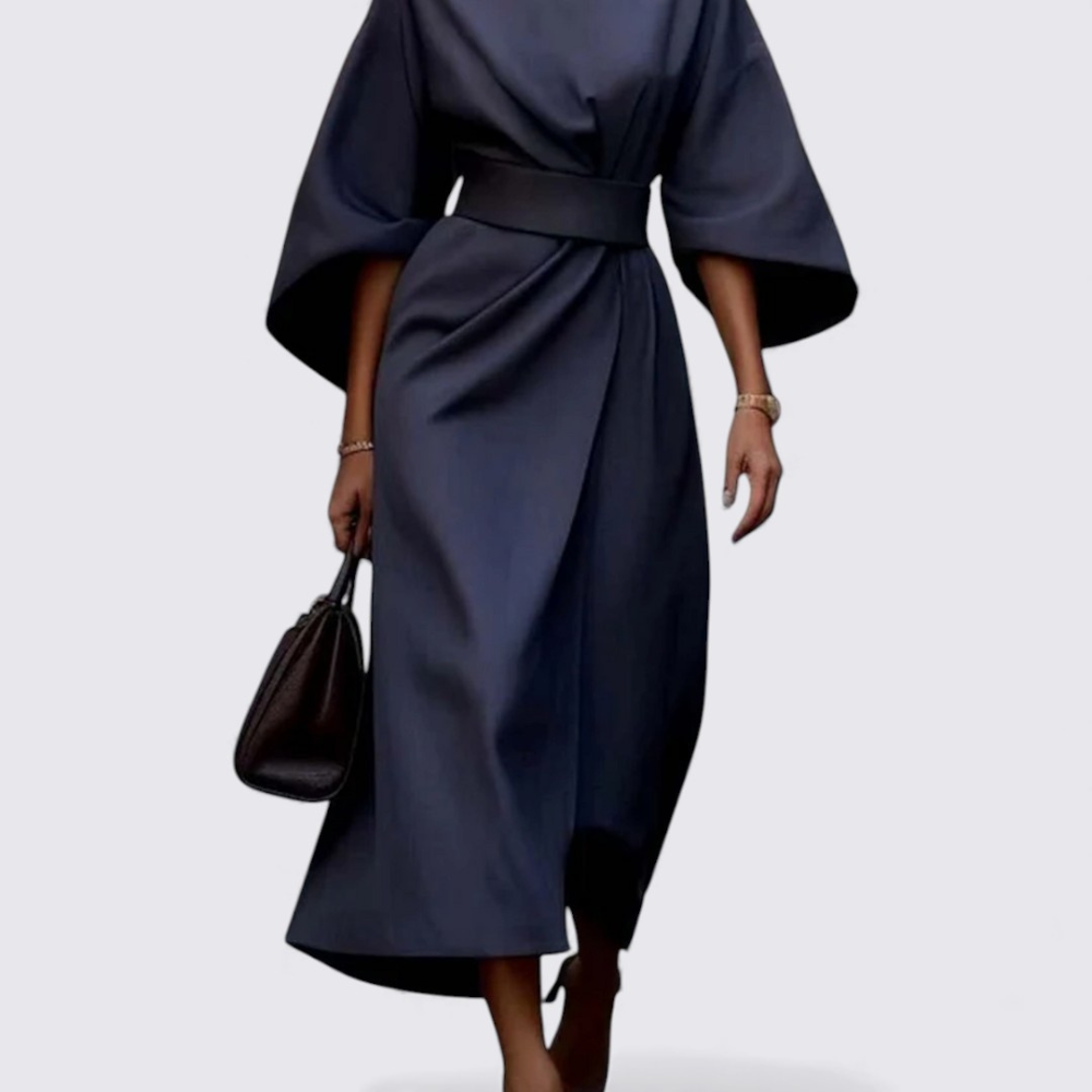 Damen Kleid mit Gürtel – Rundhals Kleid – Weiter Schnitt