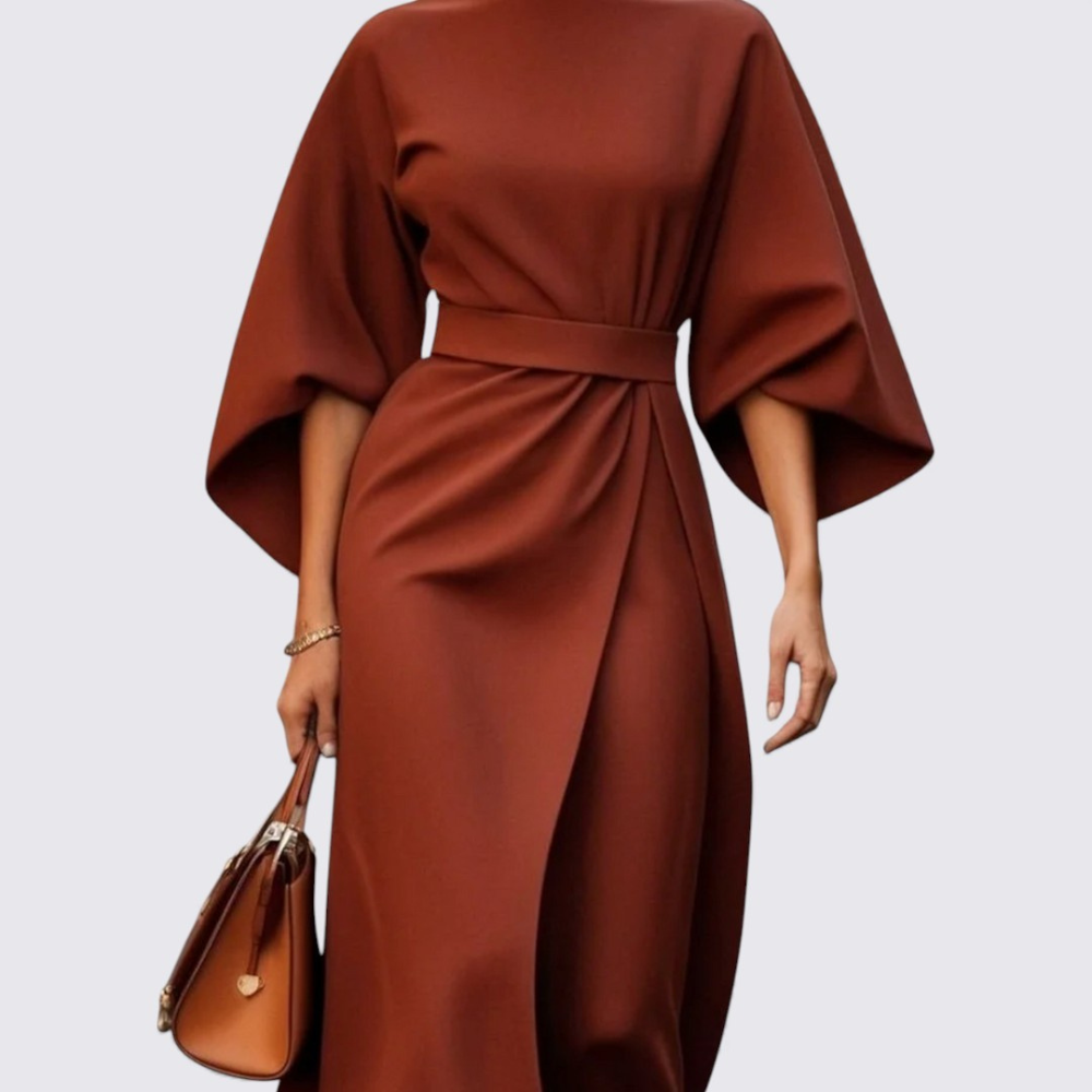 Damen Kleid mit Gürtel – Rundhals Kleid – Weiter Schnitt