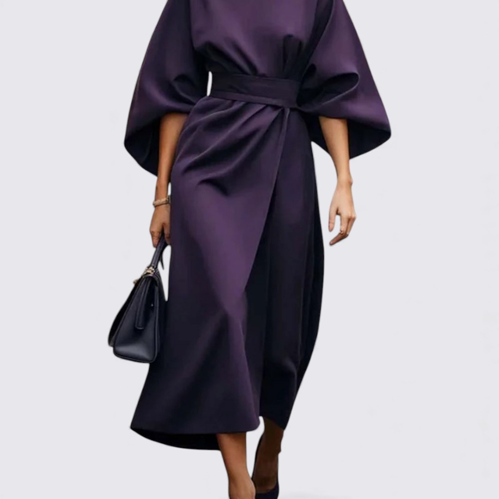 Damen Kleid mit Gürtel – Rundhals Kleid – Weiter Schnitt