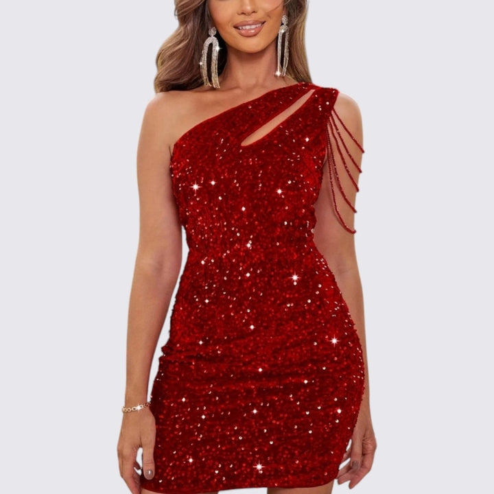 Damen Kleid mit Pailletten – One-Shoulder – Ärmellos Kurz