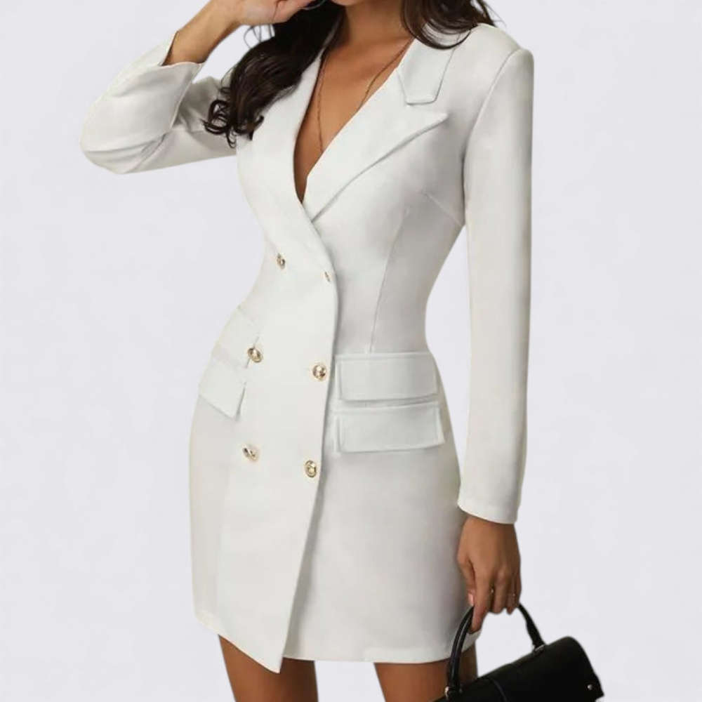 Damen Kleid mit V-Ausschnitt – Langarm – Knopfverschluss