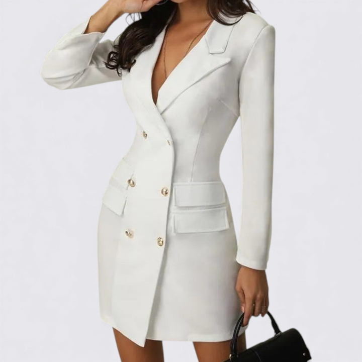 Damen Kleid mit V-Ausschnitt – Langarm – Knopfverschluss