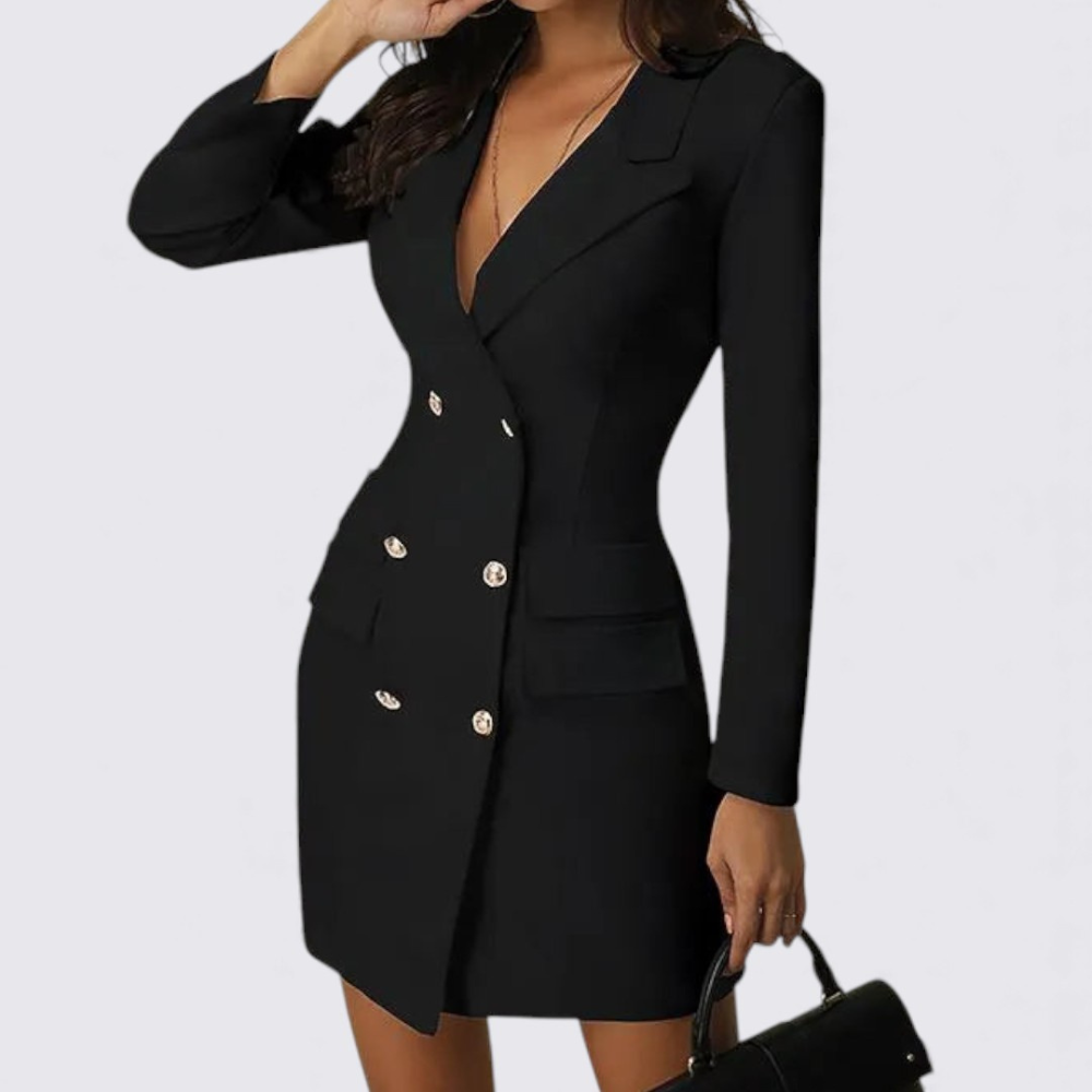 Damen Kleid mit V-Ausschnitt – Langarm – Knopfverschluss