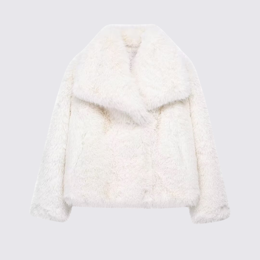 Damen Kurz Mantel – Reverskragen – Kunstfell Optik