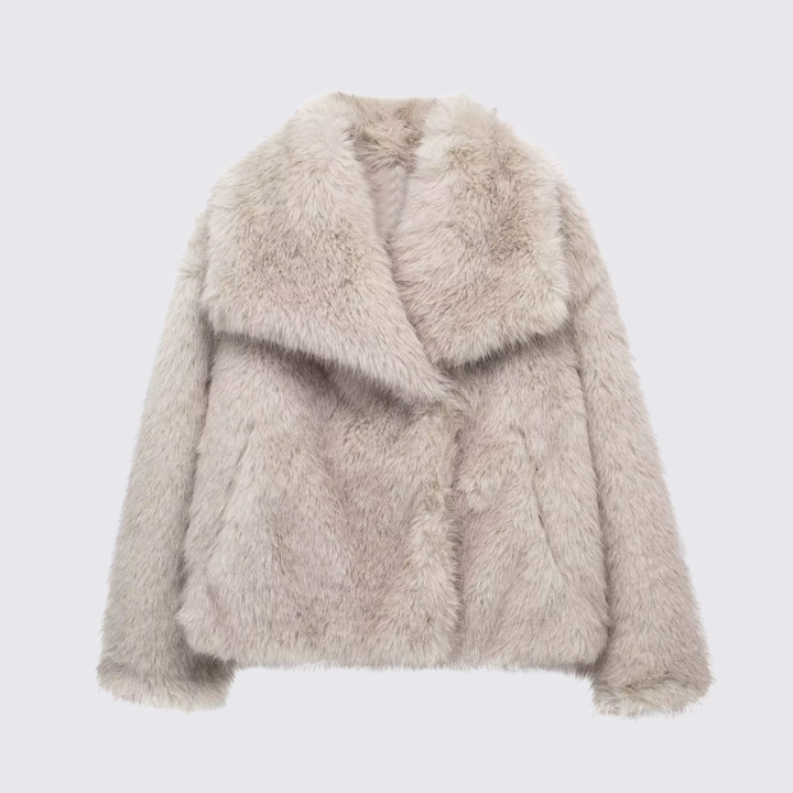 Damen Kurz Mantel – Reverskragen – Kunstfell Optik