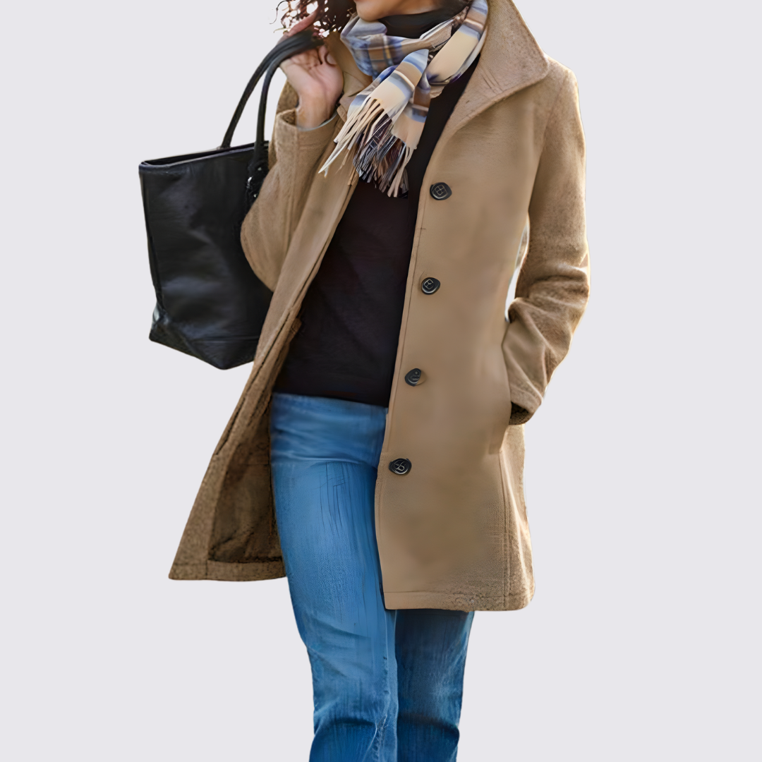 Damen Langer Mantel mit Knopfleiste – Taschen – Klassisch Geschnitten
