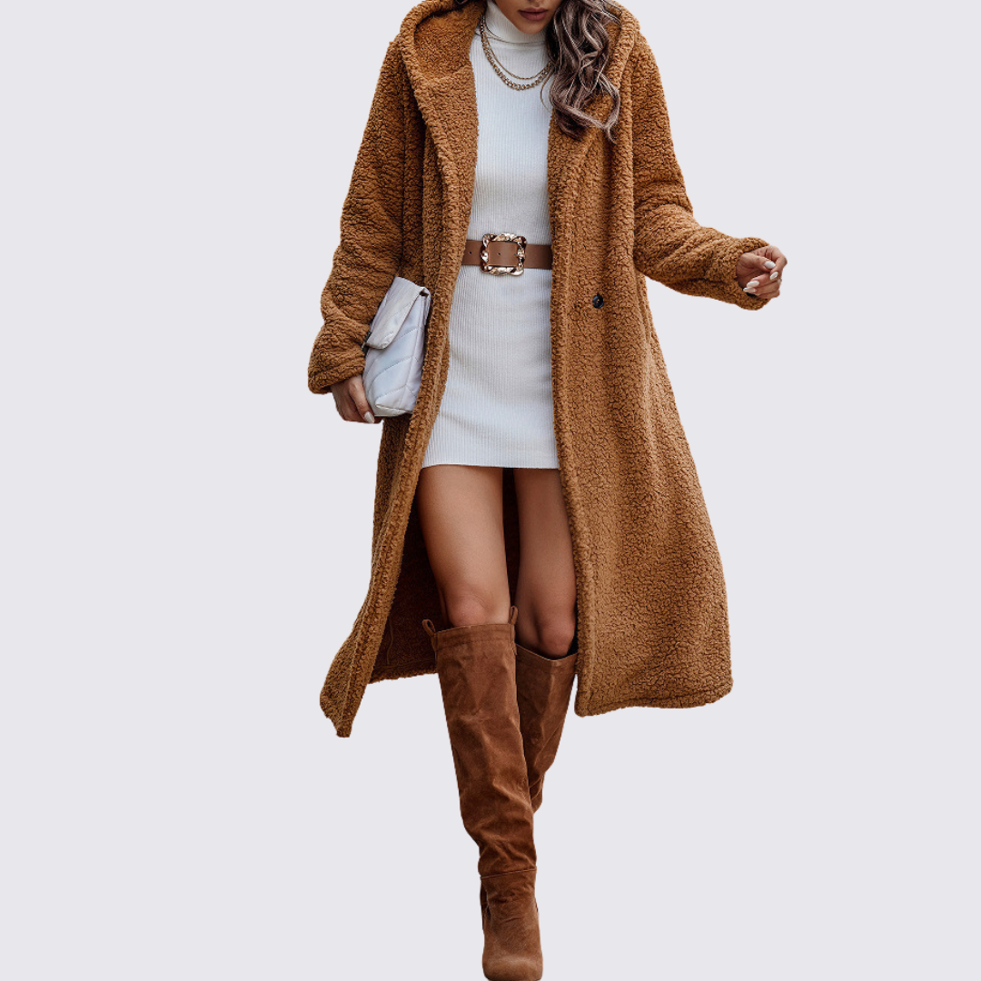 Damen Mantel mit Knopfleiste – Teddy Mantel – Lang Geschnitten