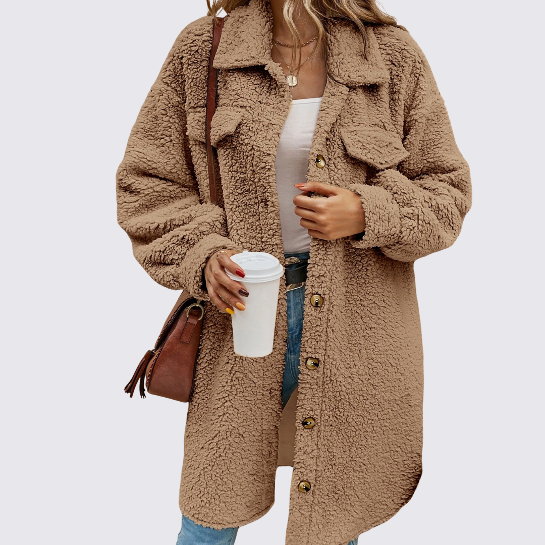 Damen Mantel mit Knopfleiste – Teddy Mantel – Mit Brusttaschen
