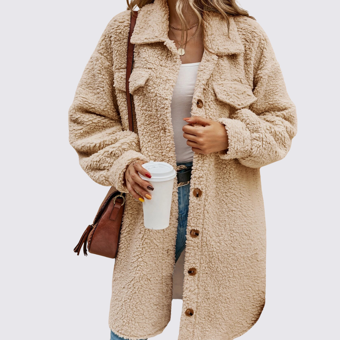Damen Mantel mit Knopfleiste – Teddy Mantel – Mit Brusttaschen