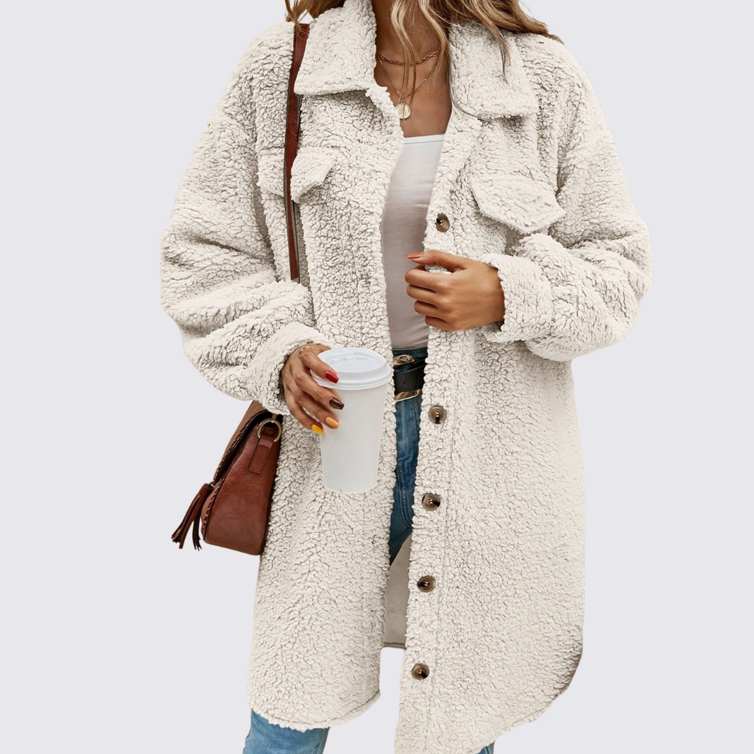 Damen Mantel mit Knopfleiste – Teddy Mantel – Mit Brusttaschen