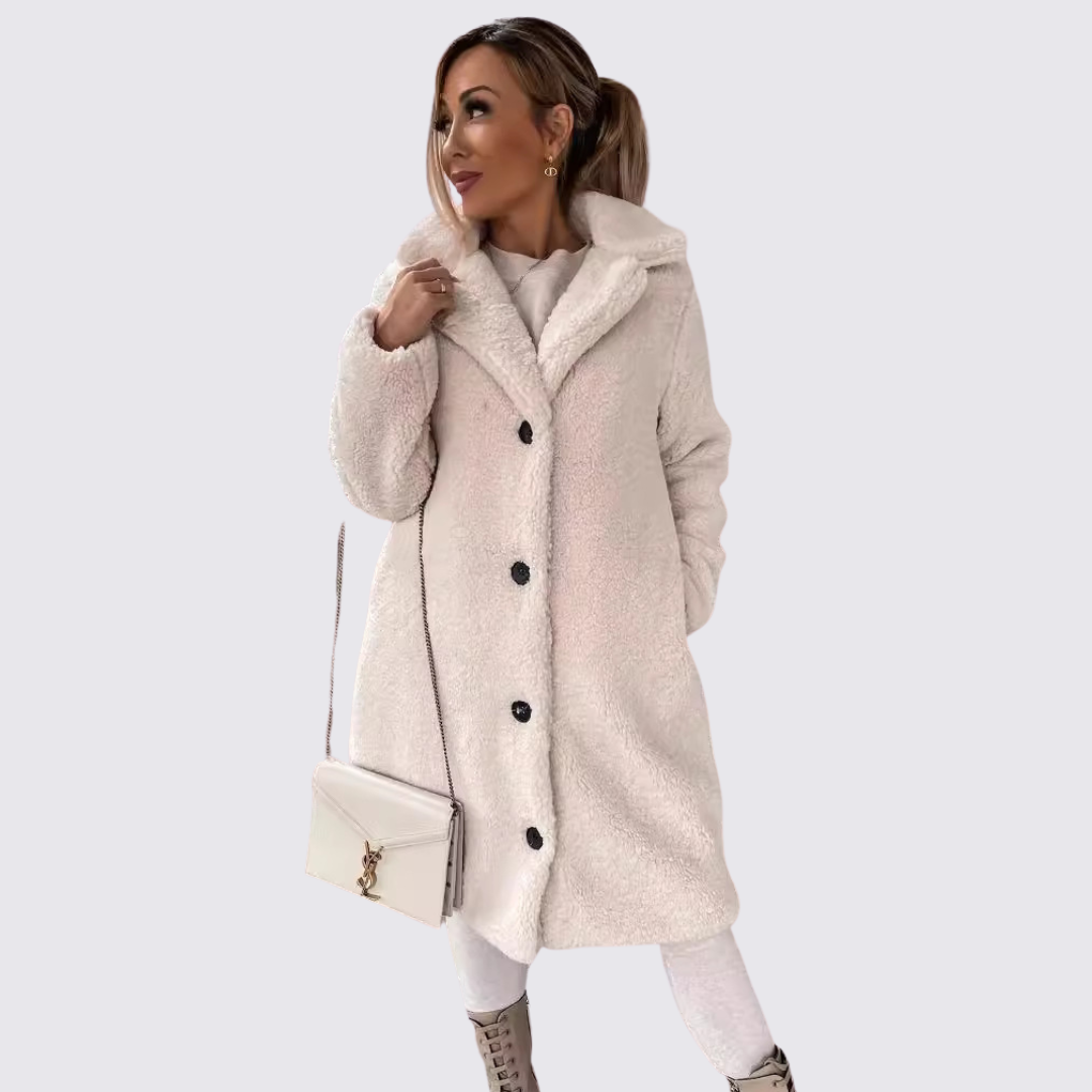 Damen Mantel mit Knopfleiste – Teddy Mantel – Oberschenkellang Geschnitten