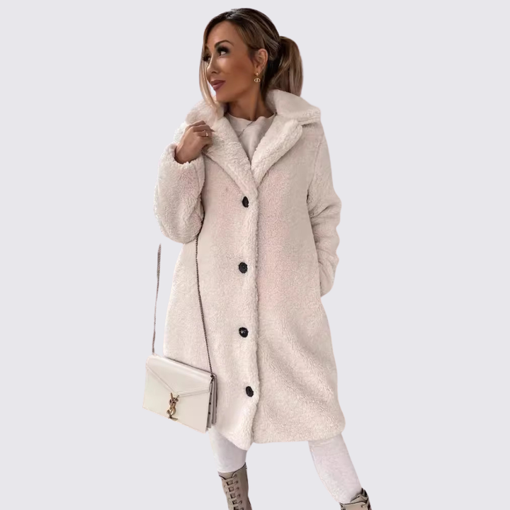Damen Mantel mit Knopfleiste – Teddy Mantel – Oberschenkellang Geschnitten