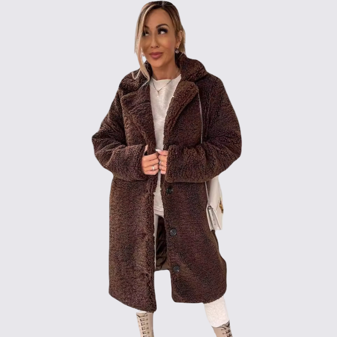 Damen Mantel mit Knopfleiste – Teddy Mantel – Oberschenkellang Geschnitten